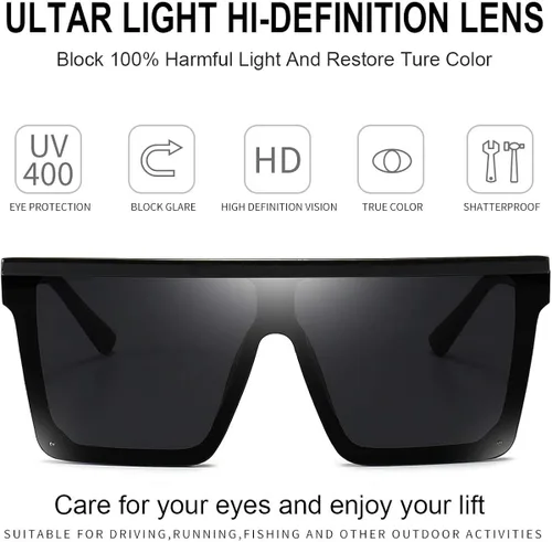 Vista 3 de Dollger - Lentes de sol cuadrados extragrandes para mujer y hombre, de moda, armazón negro con parte superior plana
