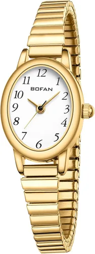 Vista 11 de BOFAN Relojes pequeños de oro para mujer, relojes de pulsera de cuarzo de fácil lectura con banda de expansión de acero inoxidable, resistente al