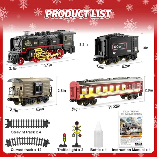 Vista 5 de Funwee Juguete de tren eléctrico con humo, luces y sonido, juego de tren para debajo del árbol de Navidad, modelo de tren de locomotora con pista