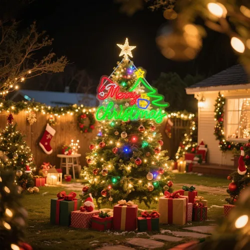 Vista 5 de Letrero de neón de Feliz Navidad para decoración, luz de ventana de neón con sombrero de árbol de Navidad, decoración de pared de 16.4 x 12.6