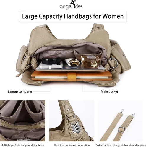 Vista 4 de Angelkiss - Bolsos y bolsos de mano para mujer, de cuero vegano lavado, bolso cruzado estilo hobo