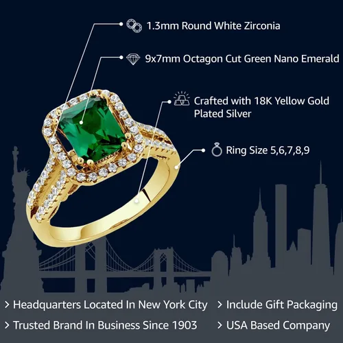 Vista 2 de Gem Stone King Anillo de esmeralda simulada de plata chapada en oro amarillo de 18 quilates para mujer 2.78 quilates Corte esmeralda 9X7MM
