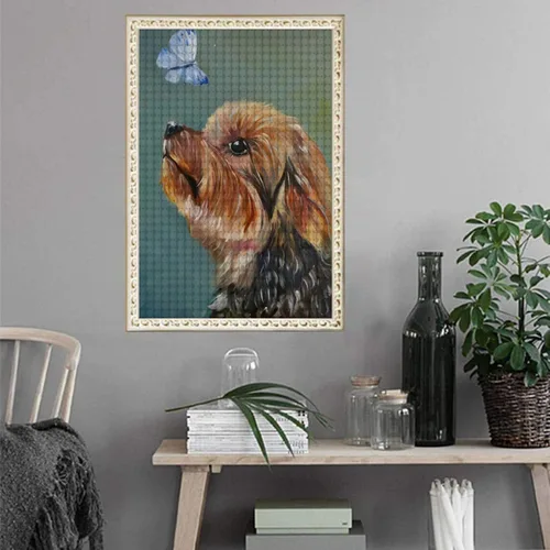 Vista 3 de LIANPO Pintura de diamantes 5D Yorkshire Terrier, pintura con diamantes, arte de acuarela, perro y mariposa, por números, diamantes de imitación