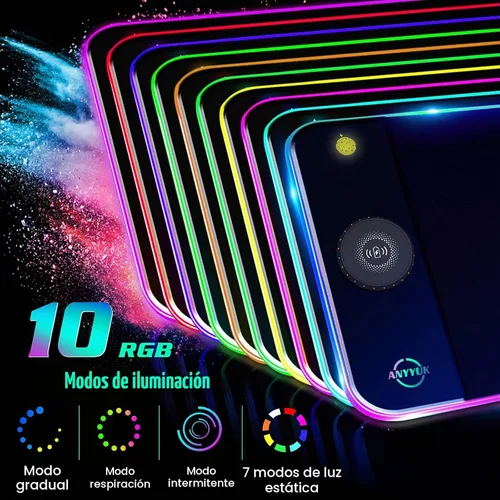 Vista 4 de Alfombrilla de mouse LED RGB con cargador inalámbrico de 15 W, alfombrilla de mouse para juegos con 10 modos de luz, alfombrilla de mouse extra
