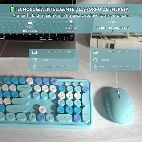 Vista 5 de Links9+ Combo de teclado y mouse inalámbricos coloridos (azul colorido)
