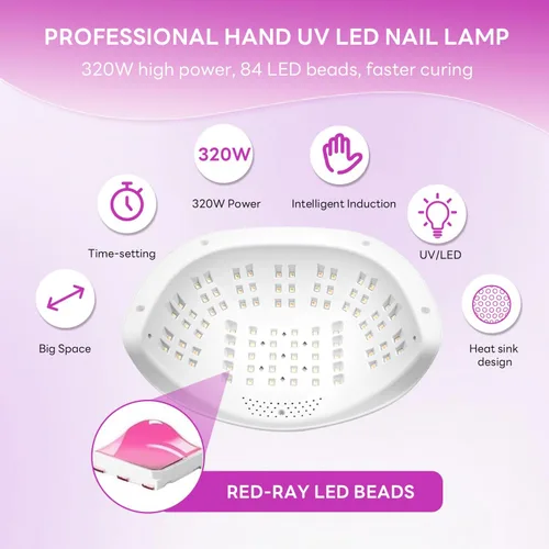 Vista 2 de Lámpara de uñas LED UV de 320 W, luz profesional de secado de uñas UV con 84 cuentas LED, secado rápido con 4 ajustes de temporizador, sensor
