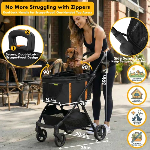 Vista 3 de PAWZIDEA Carriola de mascotas 4 en 1, Carriola de gatos con portaequipaje desmontable y dosel sin cremallera, jaula portátil para perros