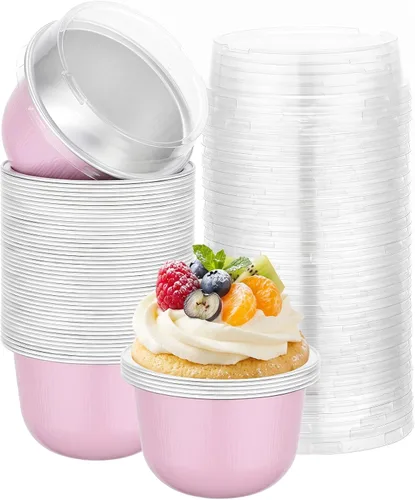 Vista 15 de Beasea Tazas de Ramekin de Aluminio con Tapa, 50 Unidades 6.1oz 180ml Mini Ramekins Desechables de Aluminio para Horno, Tazas Redondas para Cupcakes