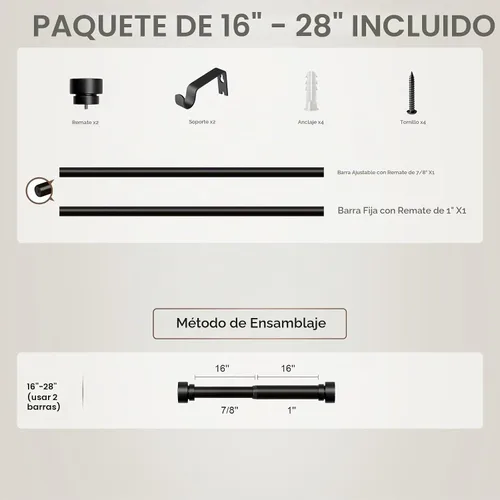 Vista 9 de Lootkell Barras de cortina modernas negras para ventanas de 16 a 28 pulgadas, longitud ajustable, resistente, 1 pulgada de diámetro, barra