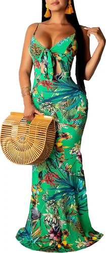 Vista 13 de Women's Summer Floral Spaghetti Strap Long Maxi Dresses Low-Cut Bohemian Beach Sundress Negro