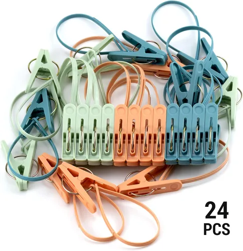 Vista 2 de Paquete de 24 alfileres de ropa con cuerda de plástico para tendedero, ganchos de secado multicolor para ropa, ganchos resistentes al viento