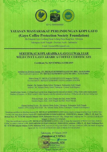 Vista 4 de Café Wallacea Certificado Café Molido de Civeta Kopi Luwak, Café de Civeta, Kopi Luwak de Gayo Sumatra Indonesia bajo en ácido tostado medio oscuro