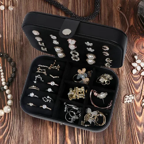 Vista 6 de Joyero de viaje, estuche de joyería de viaje mejorado, joyeros portátiles para mujeres, caja de joyería de piel sintética, organizador de joyas