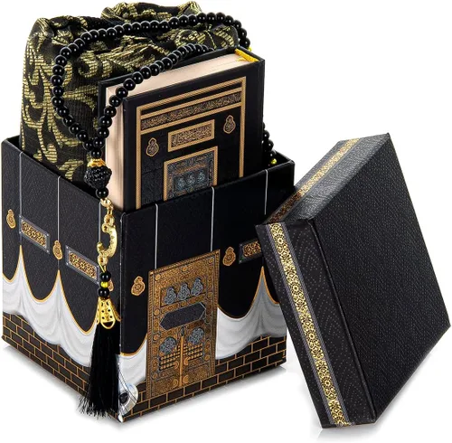 Vista 4 de ihvan online, Alfombra de oración, alfombrilla de oración para musulmanes con diseño de Kaaba, caja de regalo cúbica, tapete islámico de salah
