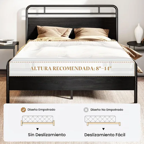 Vista 8 de SHA CERLIN Base de cama tamaño completo con cabecera de madera industrial vintage, plataforma de metal resistente con almacenamiento debajo