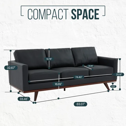 Vista 2 de LeisureMod Chester - Sofá moderno de cuero de 3 plazas con base de madera de abedul, sofá de sala de estar de mediados de siglo, 33.46 pulgadas