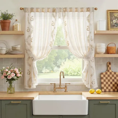 Vista 20 de jinchan Cortinas de lino floral beige para cocina, 24 pulgadas, 2 paneles A Beige