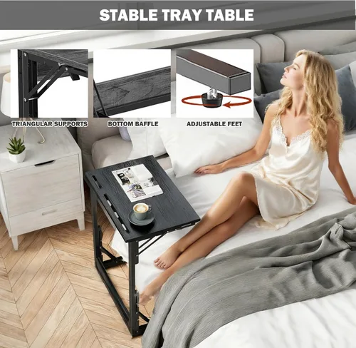 Vista 7 de Mesa plegable para TV, mesa de cena de TV, bandejas de TV de altura ajustable para comer en el sofá, mesa auxiliar en forma de C con ranuras