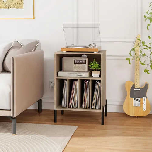Vista 2 de Giantex - Soporte para tocadiscos con estación de carga, mesa para tocadiscos con gabinete de almacenamiento, estante para tocadiscos con patas