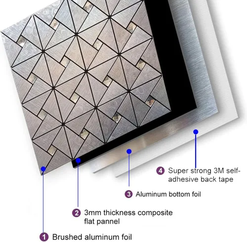 Vista 6 de Azulejos triangulares metálicos de 10 piezas, calcomanías de pared con textura metálica de alta gama, azulejos autoadhesivos para pared de cocina