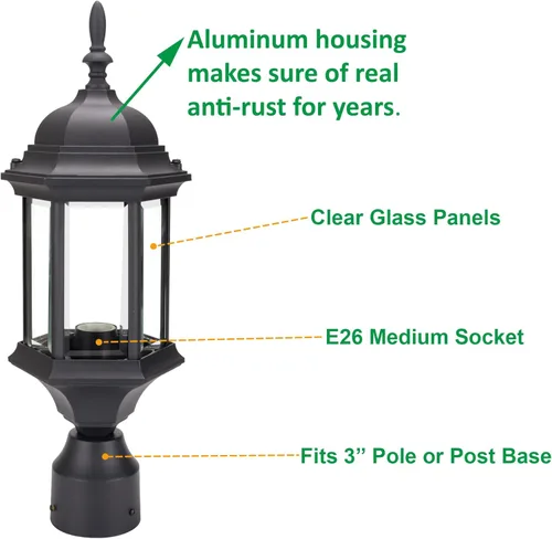Vista 2 de LIT-PaTH Farol de poste de iluminación para exteriores, base mediana E26 máx. 60 W, carcasa de aluminio más vidrio, paquete de 2, acabado negro