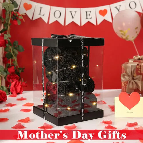 Vista 3 de U UQUI - Oso de peluche de rosas de Navidad, regalo para el Día de San Valentín, para esposa, novia, oso de peluche artificial en caja con tira