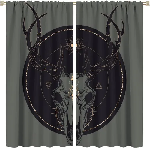 Vista 17 de BAEKJIN Cortinas de cabeza de cabra, diseño de calavera malvada, bruja, símbolo misterioso, bolsillo para barra, cortinas opacas para ventana, juego
