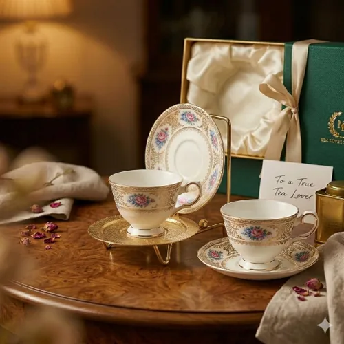 Vista 9 de HOHIYA Soporte de exhibición dorado para tazas y platillos de té para 6 tazas, organizador de mesa decorativo para tazas de China, tazas y platos