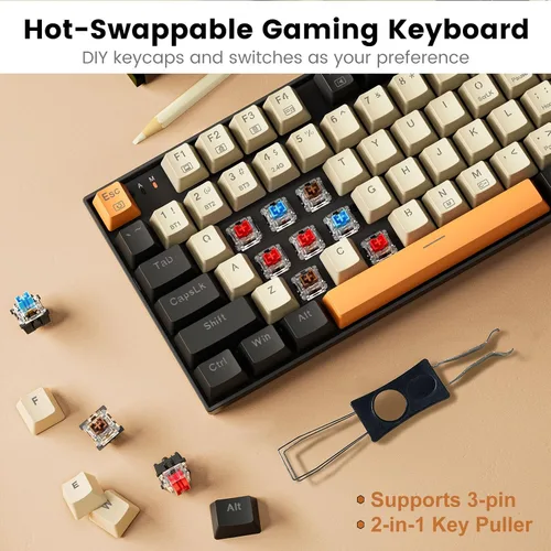 Vista 6 de Redragon Teclado mecánico inalámbrico para juegos, triple modo 2.4GUSB-CBluetooth, retroiluminación RGB, programable, almohadilla numérica