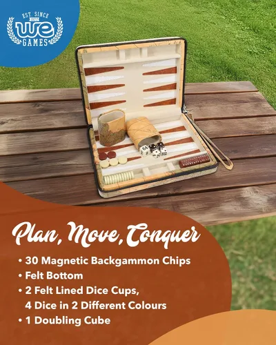 Vista 4 de WE Games Tablero de backgammon con estilo de mapa magnético y correa de transporte, juegos de mesa para adultos, juegos de viaje