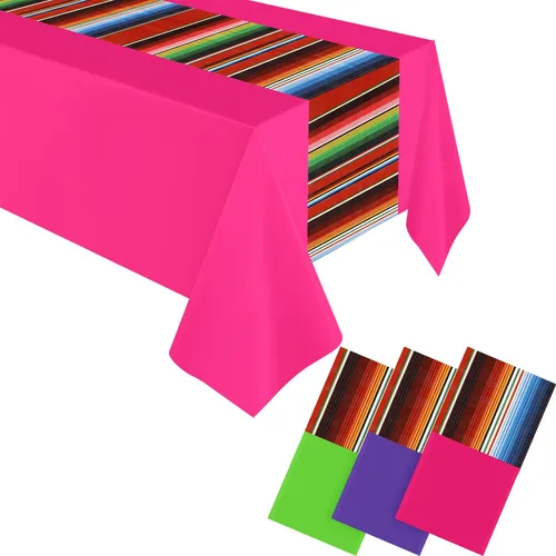 Vista 8 de Remagr 3 manteles de decoración de Cinco de Mayo de 108 x 54 pulgadas, mantel de plástico a rayas para fiesta mexicana, suministros de fiesta Blanco