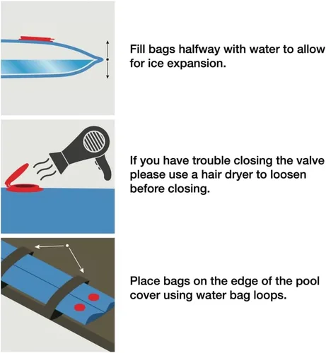 Vista 4 de Pool Mate Paquete de 5 bolsas de agua clásicas de doble cámara azul para piscina, vinilo de 0.013 in de grosor, pesos de cubierta, tubos de agua