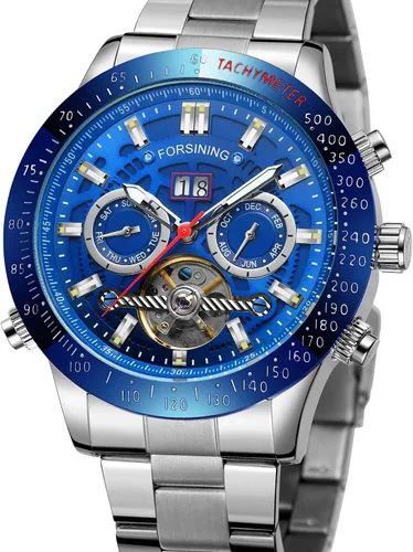 Vista 6 de FORSINING Reloj de pulsera de acero inoxidable con calendario original Tourbillion automático para hombre, Azul y plateado, Automático de bobinado