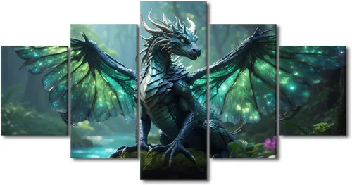 Vista 59 de Lienzo decorativo para pared de sala de estar, lienzo de dragón, 5 paneles, dragón verde, decoración de pared para el hogar, decoración de pared