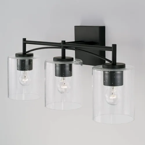 Vista 3 de Capital Lighting Peyton 142031MB-510 - Soporte de pared para tocador de baño de vidrio transparente industrial, 3 luces, 300 vatios en total, 10