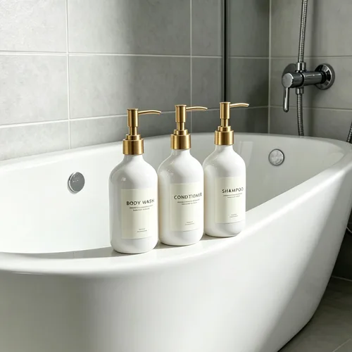 Vista 7 de Botellas dispensadoras de champú y acondicionador con bandeja de bambú Bomba blanca y dorada