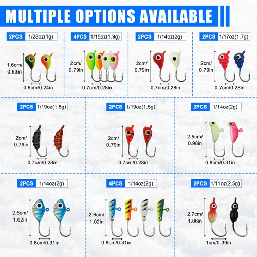 Vista 2 de Ice Fishing Jigs Lures kit, Luminous Ice Fishing Gear Crappie Panfish Jigs Head Fishing Hooks Set for Winter Ice Jigging Walleye Perch Bluegill