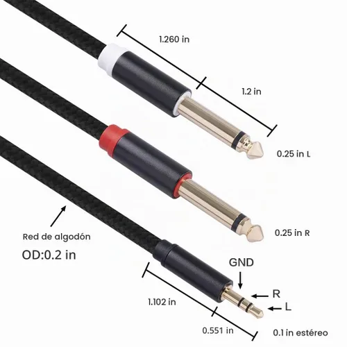 Vista 2 de Cable de audio mono TS de 0.138 in a doble 1/4 de 1/8 a 0.250 in, divisor en Y, compatible con iPhone, iPod, tarjeta de sonido de computadora