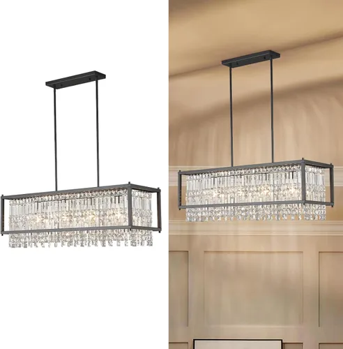 Vista 23 de LMQNINE Modernas lámparas colgantes negras para isla de cocina, lámpara de araña de cristal, iluminación colgante ajustable de granja para comedor