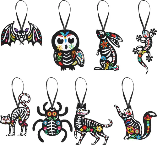 Vista 8 de CCINEE 24Pcs Dia De Los Muertos Felt Ornaments, Mexcian Skeleton Halloween Ornaments for Day of The Dead Themed Party School Bags Indoor Outoor Tree