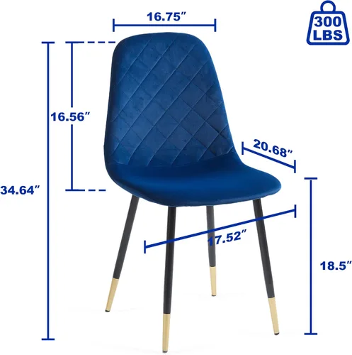 Vista 3 de Juego de 2 sillas de comedor de terciopelo azul marino, sillas tapizadas de cocina y comedor con patas de metal, sillas decorativas modernas