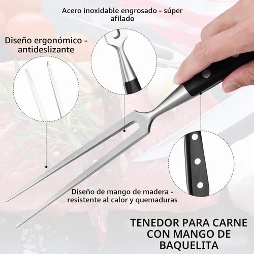 Vista 3 de CHENGU 2 tenedores para tallar carne de 12 pulgadas de acero inoxidable para servir cocinar con mango de madera, parrilla clásica con mango de ABS