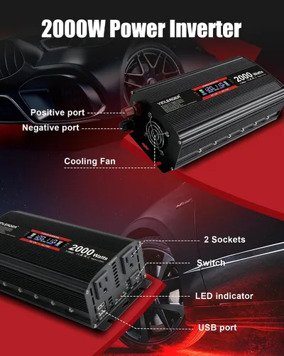 Vista 8 de Inversor de 2000 vatios de 12 V a 110 V/120 V, inversor de CC a CA de 2000 W con pantalla LCD inteligente, salidas de CA duales, puerto de carga USB