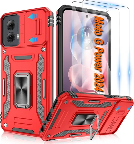 Vista 75 de Atump Funda para Motorola Moto G Play 2024 (4G) con [paquete de 2] protector de pantalla HD y cubierta para cámara deslizante, soporte de anillo