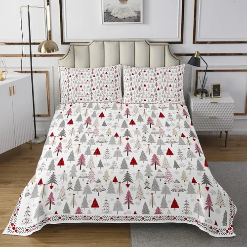 Vista 2 de Manfei Juego de colcha de Navidad para niños, tamaño individual, diseño de pinos de dibujos animados, decoración de habitación de niños y adultos