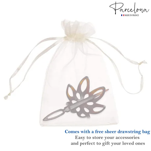 Vista 8 de Parcelona French Fleur - Pasador deslizante de pelo de 3 pulgadas con forma de concha de tortuga pequeña, pasador a través del moño, tapa de cola