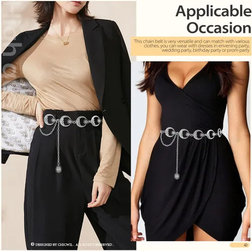 Vista 2 de FIORETTO Cinturón de cadena para mujer, cadena de metal para mujer, cadena multicapa para vestido