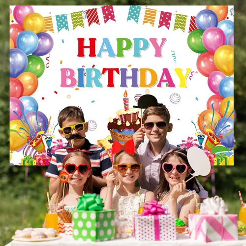 Vista 3 de Cartel de feliz cumpleaños, telón de fondo de globos coloridos para fiestas de niños, pasteles de colores grandes, fotografía, telón de fondo