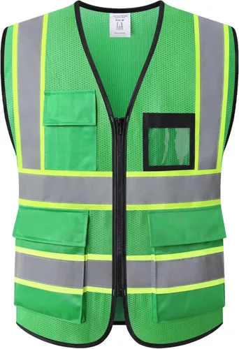 Vista 14 de Chaleco de seguridad para mujer, chaleco de alta visibilidad con 8 bolsillos y cremallera frontal, chaleco reflectante de malla que cumple
