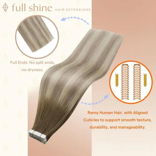 Vista 95 de Full Shine - Extensiones de cabello humano con cinta, mezcla de rubio hongo # 8 castaño ceniza resaltado 60 rubio ceniza